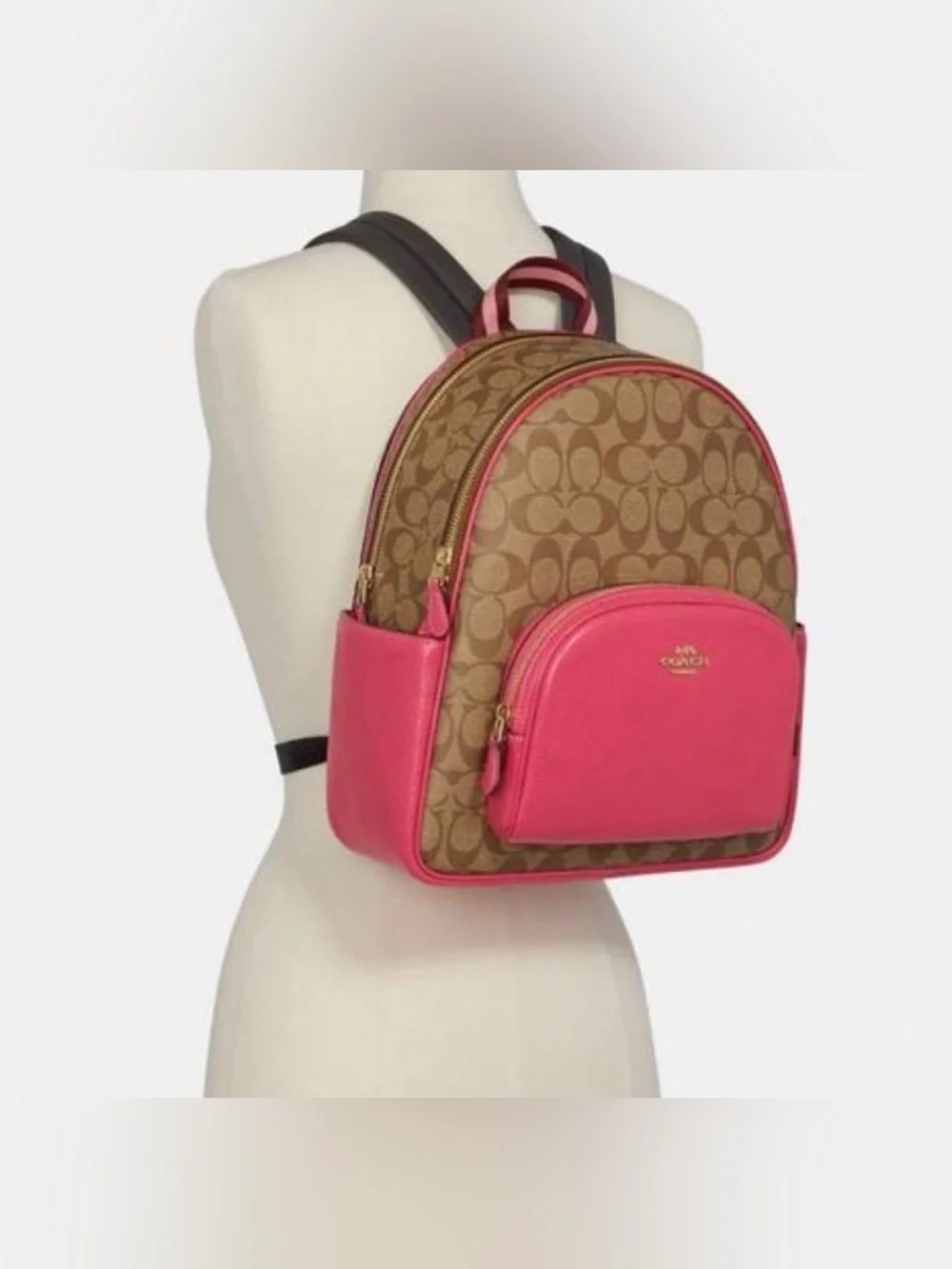 HTF NWOT Coach C8522 Court Medium Signature Leather Khaki Bold Pink Backpack